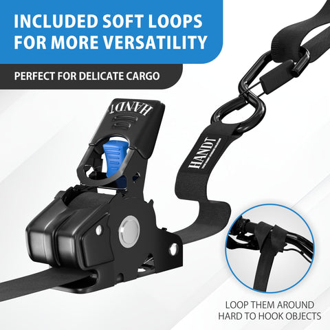 Heavy Duty Auto Retractable Ratchet Straps 4 Pack, 1 Inch Wide By 6 Feet Long, 1500 Lb Break Strength with soft loops