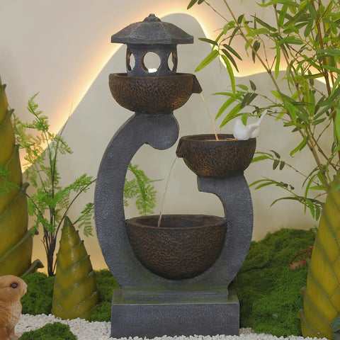 Outdoor Zen Water Fountain With LED Lights And Pump Tiered Pagoda Waterfalls Bowl For Patio Garden Yard And Poolside Gray 35.5 Inches