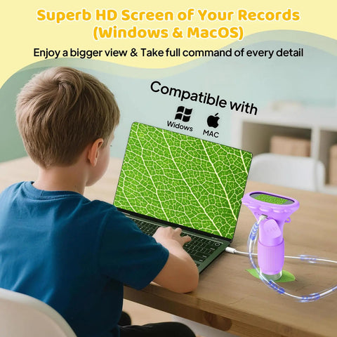 Kid Friendly Microscope 200x Zoom With 2 Inch HD Camera, STEM Learning Kit displaying leaf texture on a laptop screen