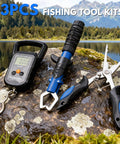 Fishing scale, lip gripper, and pliers on rock by lake; part of All In One Telescoping Fishing Rod And Reel Kit With Backpack For Men.