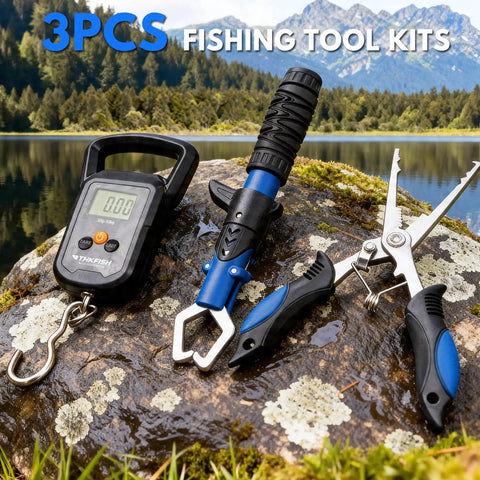 Fishing scale, lip gripper, and pliers on rock by lake; part of All In One Telescoping Fishing Rod And Reel Kit With Backpack For Men.