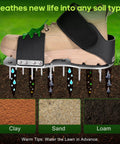 Aerator Shoes For Lawn With 3Mm Metal Bottom and Bend Resistant Spikes demonstrating soil aeration for clay, sand, and loam