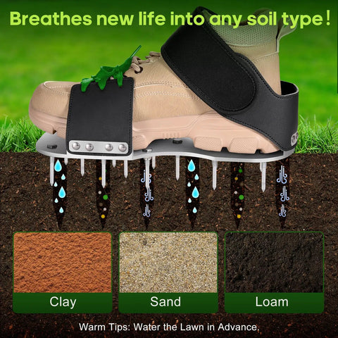 Aerator Shoes For Lawn With 3Mm Metal Bottom and Bend Resistant Spikes demonstrating soil aeration for clay, sand, and loam