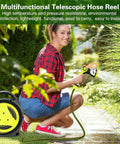 Woman using All In One Retractable Garden Hose Reel Kit With 45 Plus 5 Ft Extendable Hose, Ten Pattern Spray Nozzle, Fits Standard US Hose Plugs