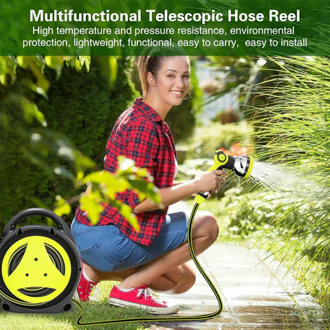 Woman using All In One Retractable Garden Hose Reel Kit With 45 Plus 5 Ft Extendable Hose, Ten Pattern Spray Nozzle, Fits Standard US Hose Plugs