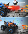 1 To 16 Scale All Terrain Remote Control Monster Truck With 2.4 GHz Radio, Dual Rechargeable Batteries For Up To 80 Minutes Of Play, Tough As Nails RC Car For Boys Ages 8 To 12, Girls Or Adults MK724A features water spray and music playing
