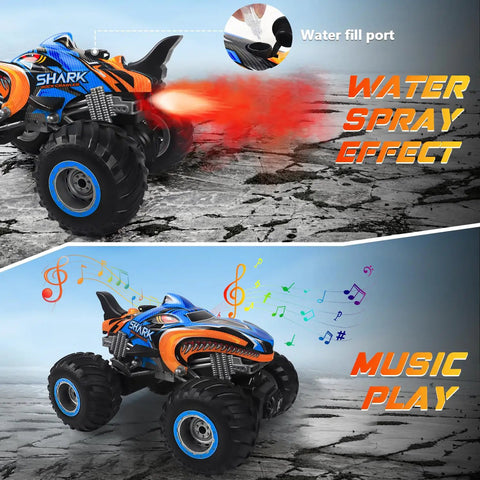 1 To 16 Scale All Terrain Remote Control Monster Truck With 2.4 GHz Radio, Dual Rechargeable Batteries For Up To 80 Minutes Of Play, Tough As Nails RC Car For Boys Ages 8 To 12, Girls Or Adults MK724A features water spray and music playing