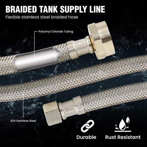 16 Inch Flexible Toilet Water Supply Line With Braided Stainless Steel Hose Connector close-up showing compression and brass nut details