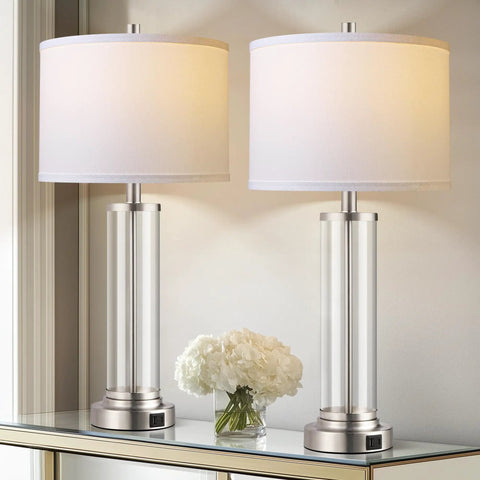 Touch Control Table Lamps Set Of 2 With USB A And USB C Ports, 3 Way Dimmable Bedside Lamps For Bedroom And Living Room, Modern Nightstand Lamps With Two LED Bulbs