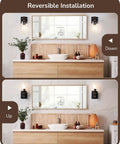 Top Tier Industrial Farmhouse Wall Sconces Set Of Two With Rustic Wood Grain Black Matte Finish And Clear Glass Shades in bathroom with reversible installation.
