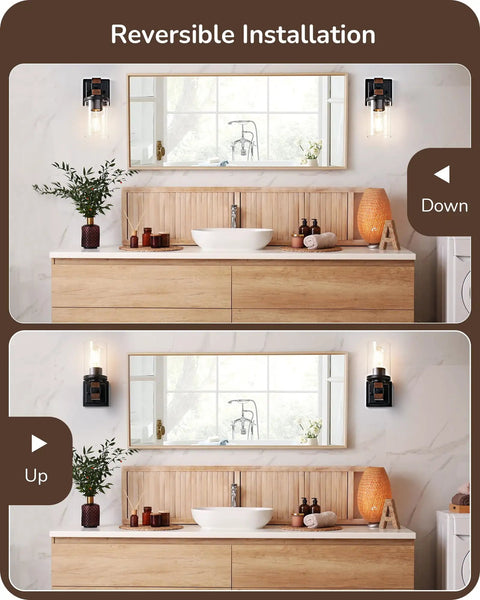 Top Tier Industrial Farmhouse Wall Sconces Set Of Two With Rustic Wood Grain Black Matte Finish And Clear Glass Shades in bathroom with reversible installation.