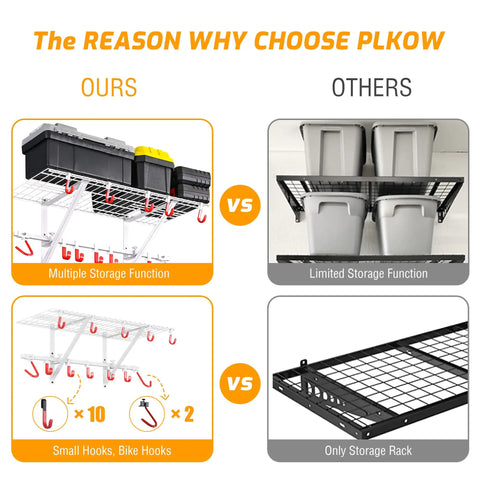Heavy Duty Garage Wall Shelf And Bike Rack With Adjustable Hooks Wall Mounted Storage Organizer For Tools Bikes And Gear Must Have Built To Last 280 Lb Load Capacity Two Pack Bundle showing comparison with competitor's limited storage rack.