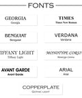 Image showing various font options including Georgia, Times, Benguiat, Verdana, Tiffany Light, Monotype Corsiva, Avant Garde, Arial, Copperplate.