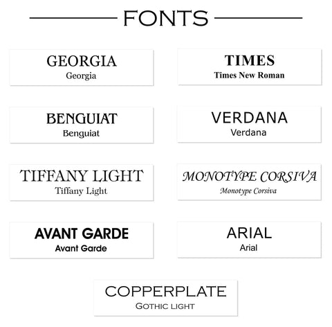 Image showing various font options including Georgia, Times, Benguiat, Verdana, Tiffany Light, Monotype Corsiva, Avant Garde, Arial, Copperplate.