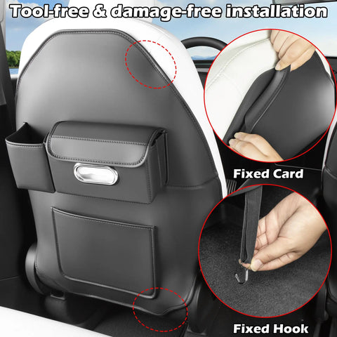 Custom Fit Seat Back Kick Protector And Rear Organizer For Tesla Model Y Model 3 Model S And X showing tool-free installation method.