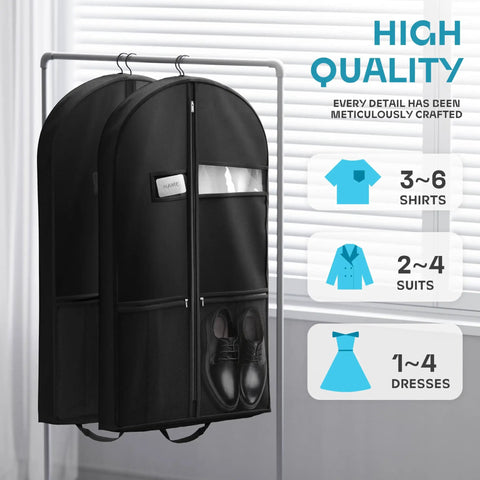 On The Go Travel Garment Bag 43 Inch Heavy Duty Suit Carrier With Zipper Pocket, two bags on rack, holds suits, shirts, dresses