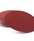 12 Inch Sanding Discs Set With 60 Pieces Grits 80 100 120 180 240 400 Aluminum Oxide Self Stick Adhesive Discs For Random Orbital And Belt Disc Sanders Beefy Pro Grade Heavy Duty Finishing For Furniture Auto Marine, red discs stacked with focus on surface texture.