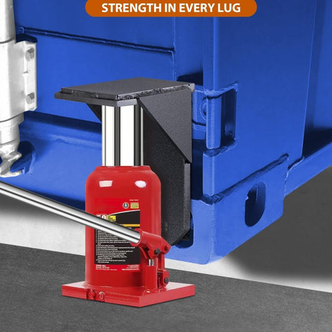 Heavy Duty Shipping Container Jack Lug Leveler 2 Pack for easy lifting and leveling, shown installed on blue shipping container corner.