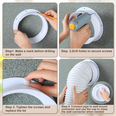 Installation steps for Dual Size Wall Mount Connector for Portable AC Exhaust Hose Fits Six Inch And Six Point Five Inch Hoses No Fuss Install With Silicone Cushion Ring Includes Eight Wall Mount Plugs And Eight Screws With Caps