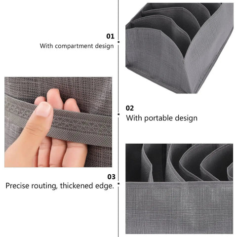 Nine Compartment Fabric Drawer Organizers Designed For Sick Bedroom Storage Setup Straight Up Game Changing Closet Solution with gray compartment design.