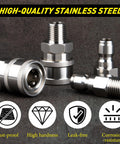 Front view of stainless steel 1/4 inch NPT quick-connect pressure washer fittings kit with male and female adapters.