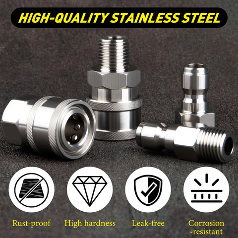 Front view of stainless steel 1/4 inch NPT quick-connect pressure washer fittings kit with male and female adapters.