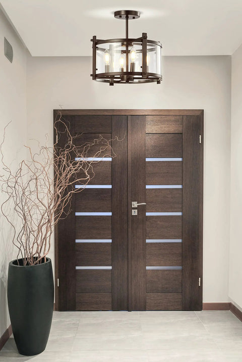 Oil Rubbed Bronze 15 Inch 3 Light Iron And Glass Modern Drum LED Flush Mount Ceiling Light in hallway with double doors.