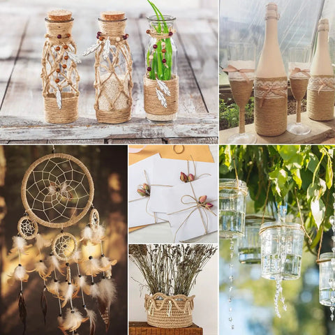 Image of creative uses of Natural Jute Twine 984 Ft Three Roll Pack for crafts, decor, and projects, showcasing versatility.
