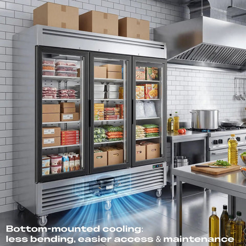 Workhorse Commercial Upright Freezer 72 Cubic Feet Stainless Steel Reach In Display Cabinet Three Glass Doors with food storage inside.