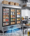 Huge 72 Cubic Foot Commercial Freezer Three Glass Doors Stainless Steel Reach In Display Merchandiser with food items visible inside.