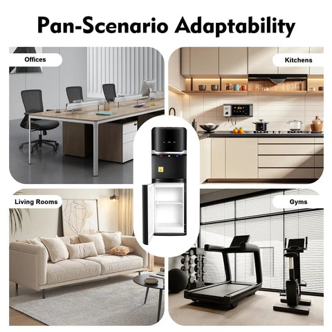 Top Loading Water Cooler With Three Temperature Options Hot Cold Warm For Three Or Five Gallon Bottles Stainless Steel Liner 75W Cooling And 550W Heating Child Safety Lock Black Finish For Home And Office in versatile settings such as offices, kitchens, living rooms, and gyms.