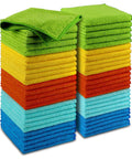 Front view: stack of 12x12-inch microfiber cleaning cloths in green, yellow, orange, red, teal and blue (50-pack)
