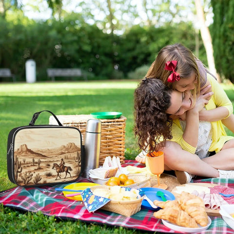 Insulated Lunch Bag With Desert Cactus And Cowboys Riding Horses Design on picnic blanket with food and family outdoors