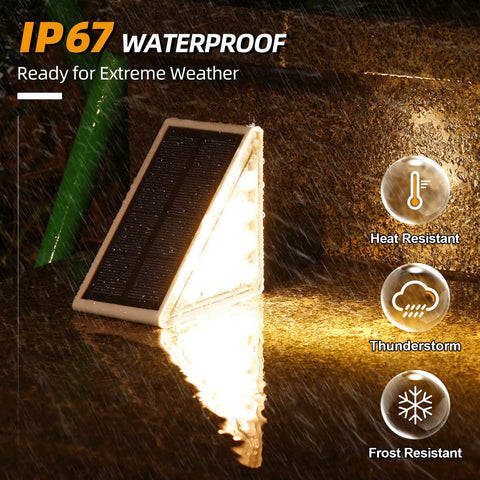 Six Pack Solar Step Lights Warm White Outdoor IP67 Waterproof Stair Lights Auto On Off for steps in rain highlighting weather resistance