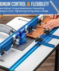 20-Piece 1/4 Inch 20 T Track Knob Kit attached to a woodworking jig with blue T-slot tracks and knobs in a workshop setting.