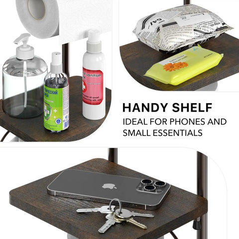 English Style Toilet Paper Stand With Shelf In Bronze Finish Free Standing No Tools Needed Holds Up To 4 Rolls Standard Double Mega Up To 5.5 Inches Fits Any Bathroom Awesome Storage And Easy Access with handy shelf for essentials like phone and keys.