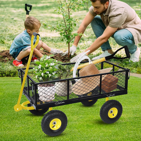 Heavy Duty Garden Cart With Removable Sides 1100 Pound Capacity Utility Wagon in yard with plants and gardening tools