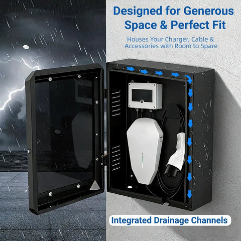 Outdoor EV Charger Enclosure With Key Lock, Floor Standing Steel Protective Box With Tempered Glass Front, open showing interior.