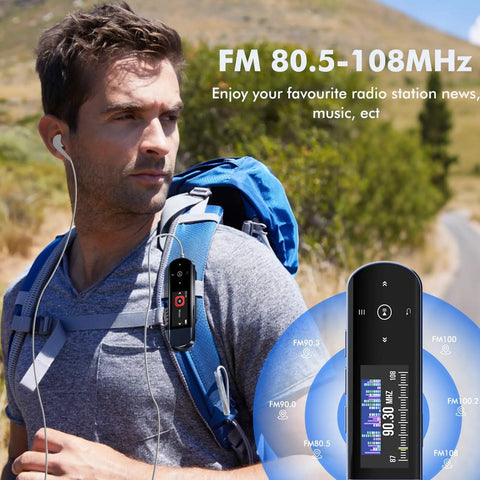Man hiking with 64GB USB MP3 Player With Bluetooth 5 3 Clip Jam attached to backpack strap, mountain trail background