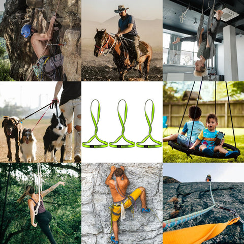 Collage of 18mm Nylon Climbing Sling for rock climbing, yoga hammocks, outdoor rappelling, and CE2008 EN566 certified uses