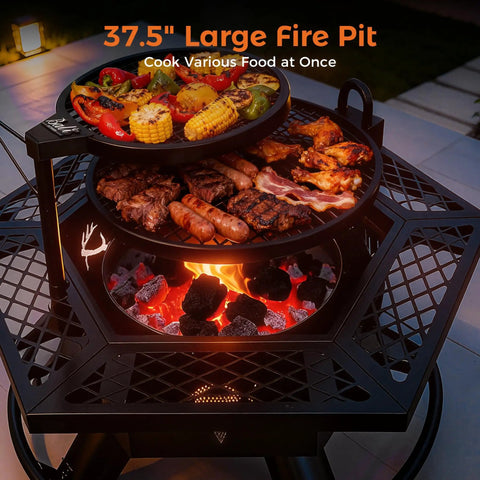 2 In 1 Backyard Fire Pit And Grill For Outdoor Gatherings, grilling meats and veggies on hexagonal wood burning fire pit