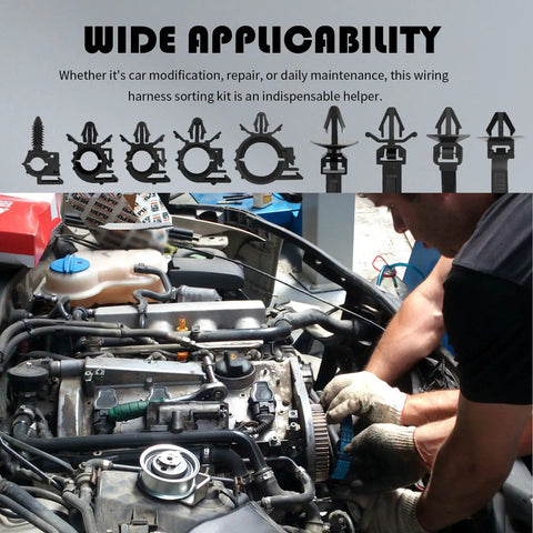 Mechanic using Five Size Car Wire Loom Clips Kit With Push In Design For Storing, Protecting And Tidying Cables on engine