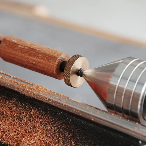 Close-up of Pen Mandrel Simple Kit MT2 Morse Taper for Woodturning Lathe with 7mm shaft and knurled nut in use