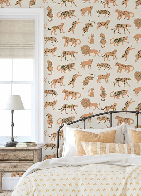 Bright Tangerine Kitty Kitty Peel And Stick Wallpaper In Off White With Exotic Cat Pattern in bedroom decor, 20.5 in x 18 ft roll