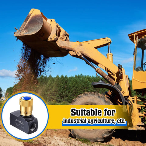 Close-up of hydraulic flow-control needle valve, 1/2 in NPT ports, carbon steel, inset on construction equipment.