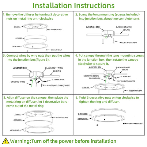 Installation instructions for 10 Inch Flush Mount LED Ceiling Light Fixture, 17W 1100 lm, Adjustable Color Temperature 2700K to 5000K.