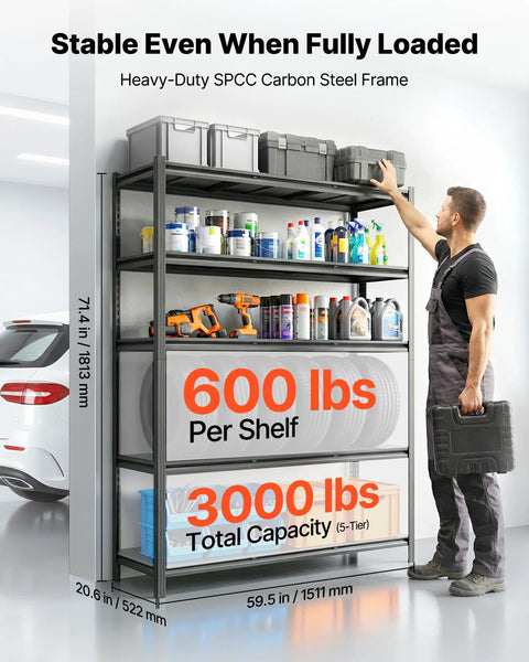 Top Notch Five Tier Garage Shelving Rack With Adjustable Steel Utility Shelf Holding 3000 Lbs Built Tough Frame Perfect For Workshop Warehouse Basement Tool And Gear Storage