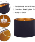 Assembly Required Fabric Drum Lampshade 13 By 13 By 10 Inches For Table Bedside And Floor Lamps With Spider Fitter Black Gold Finish