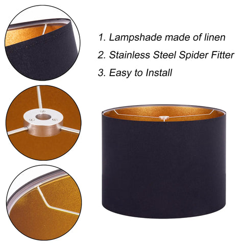 Assembly Required Fabric Drum Lampshade 13 By 13 By 10 Inches For Table Bedside And Floor Lamps With Spider Fitter Black Gold Finish