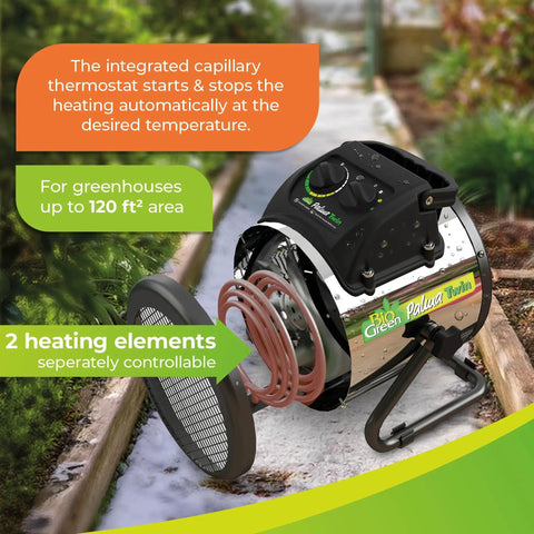Dual Element Electric Fan Heater For Greenhouses With Independent Heating Elements And Adjustable Thermostat, 2560 5120 BTU shown in garden setting